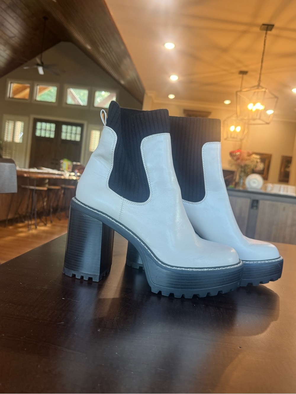 Madden Girl White Leather Chelsea Heeled Boots with Black Knit